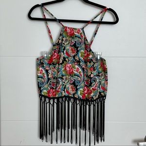 High Neck Fringe Floral Crop Top
